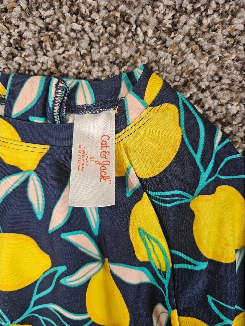 Cat & Jack Toddler Girls Sz 5T Long Sleeve One Piece Swimsuit Lemon Print Blue